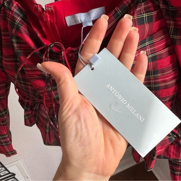 NWT Antonio Melani Elvira Plaid Tie Square Neck Long Puffed Sleeve Blouse Sz 6 - Picture 10 of 11